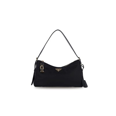 PRADA BLACK AIMÉE LARGE RE-NYLON AND LEATHER SHOULDER BAG WITH PADLOCK 1BC232 (34*19.5*10cm)